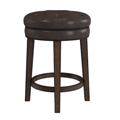 Classic Charcoal Gray Button-Tufted Leather Swivel Counter Stool