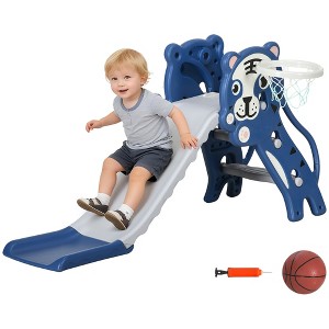 Qaba 3 in 1 Toddler Slide for Indoors, Toy for Toddler, Easy Set Up Baby Slide with Basketball Hoop for Kids 18-36 Months, Blue - 1 of 4