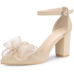 Allegra K Women's Bow Knot Pointed Toe Block Heel Pumps - 1 of 4