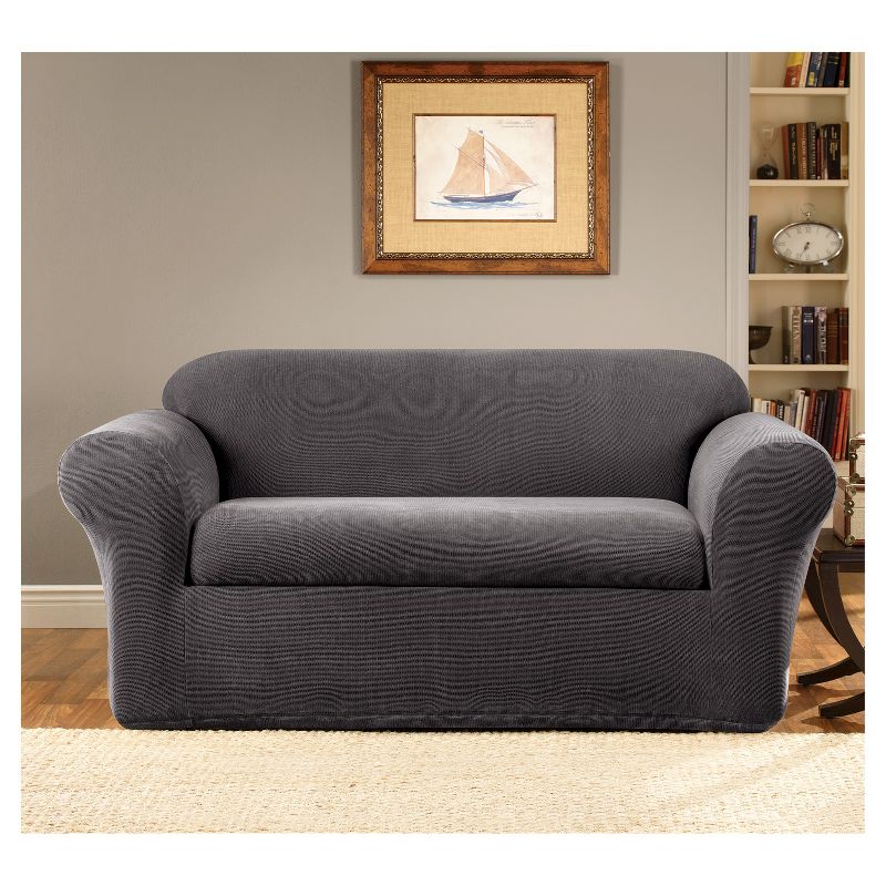 2pc Stretch Oxford Loveseat Slipcover Gray - Sure Fit, 3 of 5