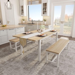 63" Large Extendable Dining Room Table Setwith Benches, Metal Frame & MDF Board - 1 of 4
