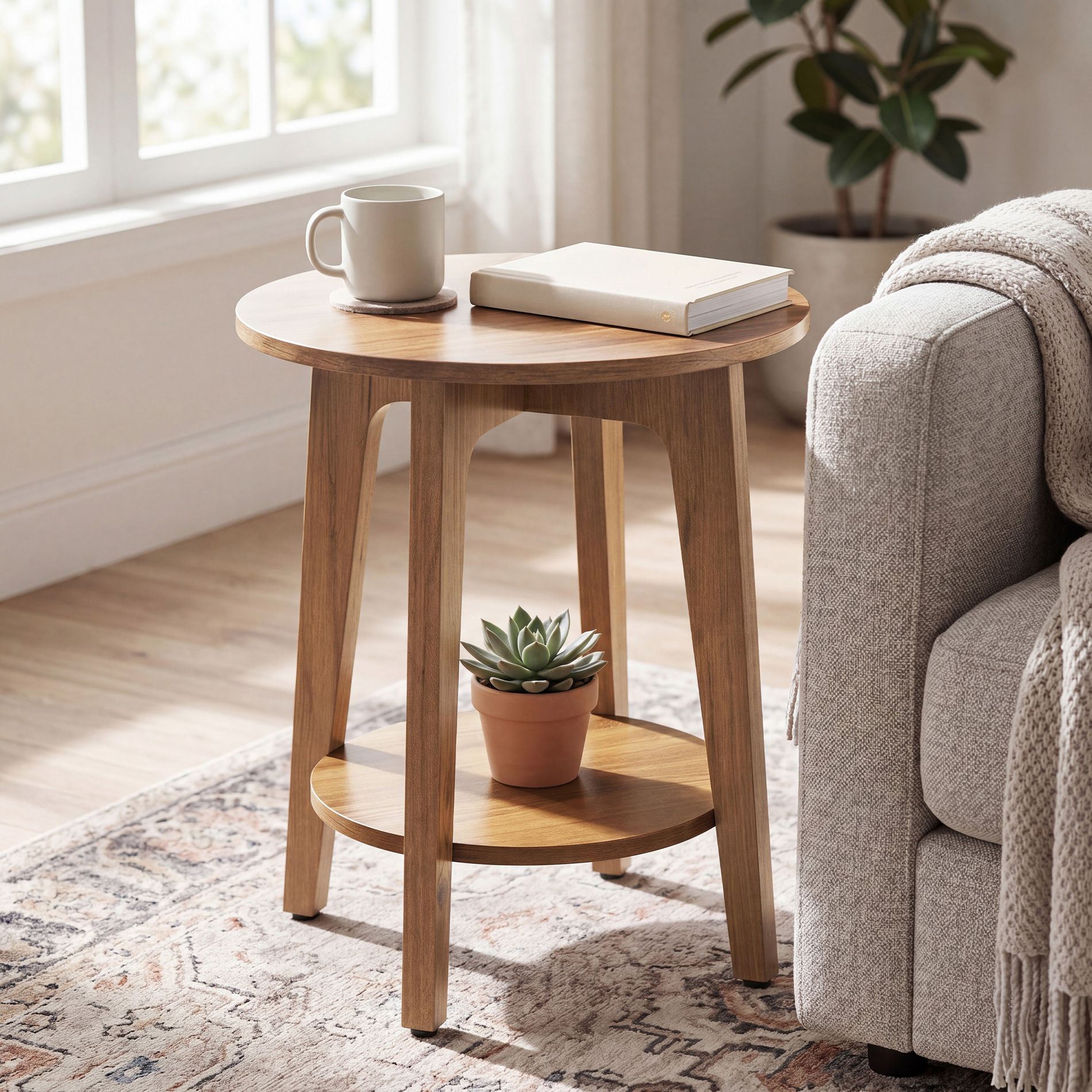 MAEZO Collection - Round Side Table with Lower Shelf, End Table for Small Spaces, Nightstand for Living Room, Bedroom, Honey Brown