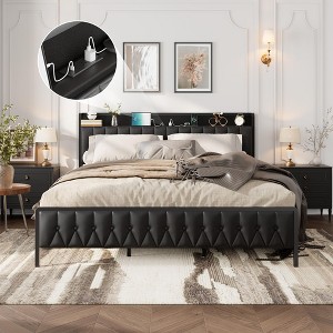 GustoWave All-Metal Platform Bed Frame, with Button Headboard and Charging Station - 1 of 4