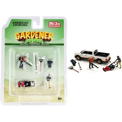 "Gardener Services" Diecast Set of 6 pieces (2 Figurines and 4 Accessory) for 1/64 Scale Models by American Diorama