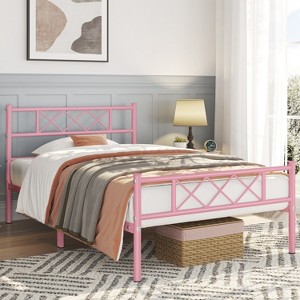 Yaheetech Simple Metal Bed Frame with Headboard&Footboard Slatted Bed Base - 1 of 4