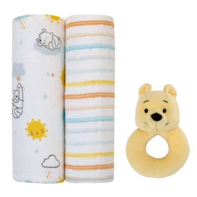 Disney Winnie The Pooh 100% Cotton Muslin Swaddles with Plush Rattle - 2pk