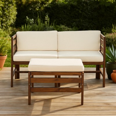 GDFStudio Elisha Outdoor Acacia Wood 3 Piece Left and Right Arm Chairs and Ottoman with Cushions