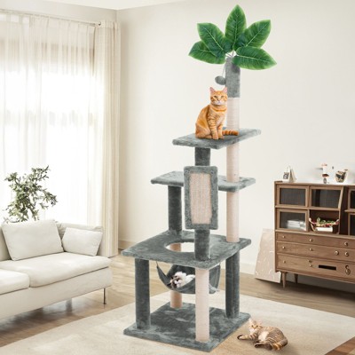 Modern Multicoloured 600 GSM Soft Plush Cat Tree Pet Tower with Sisal Post and Hanging Ball, Fake Real Leaves