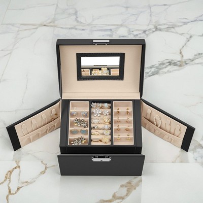 SONGMICS 3-Tier Jewelry Box Travel Jewelry Case with Handle 2 Drawers Lockable Jewelry Storage Organizer with Mirror