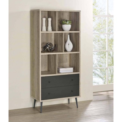 Maeve 70" Mid Century Modern Gray Wood Bookcase with Drawers