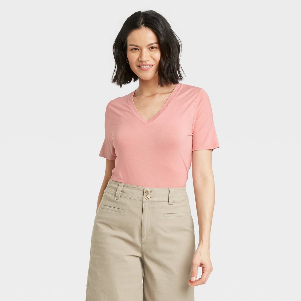 Women's Short Sleeve V-Neck Drapey T-Shirt - A New Day Pink S