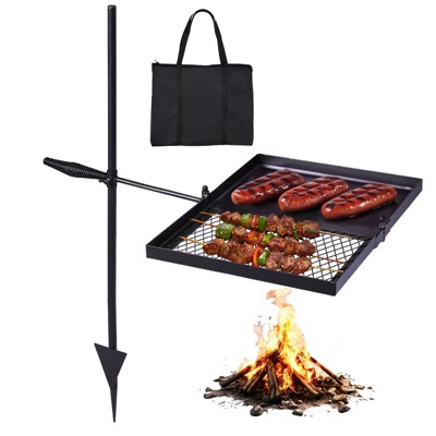ROVSUN Portable Camping Hanging Grill, Foldable Campfire Grate w/ Griddle & Storage Bag, Adjustable Height, For Ourdoor Parties Use 30'' x 13'' x 48''