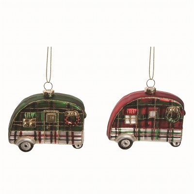 Transpac Glass Plaid Camper Ornament Set of 2 Christmas Home Decorations