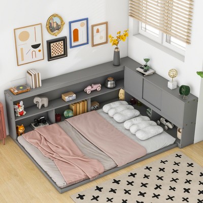 Dolonm Full Floor Bed with L-shaped Bookcases, Sliding Doors,Without Slats