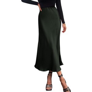 Women's 2025 Satin Midi Skirt - Elegant High Waist A-Line for Cocktail & Wedding Events Dark Army Green - 1 of 4