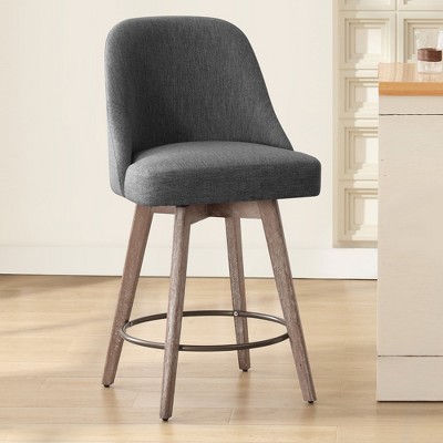 Bekrvio Counter Height Bar Stools, 26" Mid-Century Swivel Barstools with Backs - Linen Upholstered Wood Legs, Kitchen Island Counter Chairs