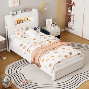 UpholsteredBed Frame with 2-Tier Storage Headboard, LED Platform Bed with Charging Station and Drawer for Kids/Girls/Boys - 1 of 4