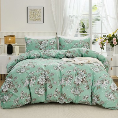 Cotton Duvet Cover Set – 100% Washed Cotton Reversible Floral Bedding with Zipper Closure, Soft Breathable 3-Piece Set