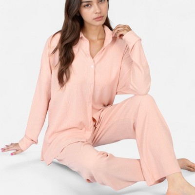 Anna-Kaci Lounge Women's Waffle Knit Pajama Set with Long Sleeve Button Down Top and Relaxed Fit Pants