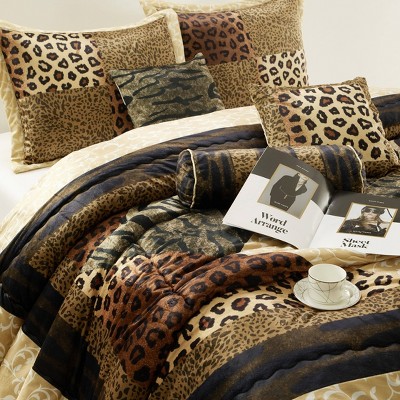Queen Brown Gold Microfiber Safari Comforter Set with Curtains