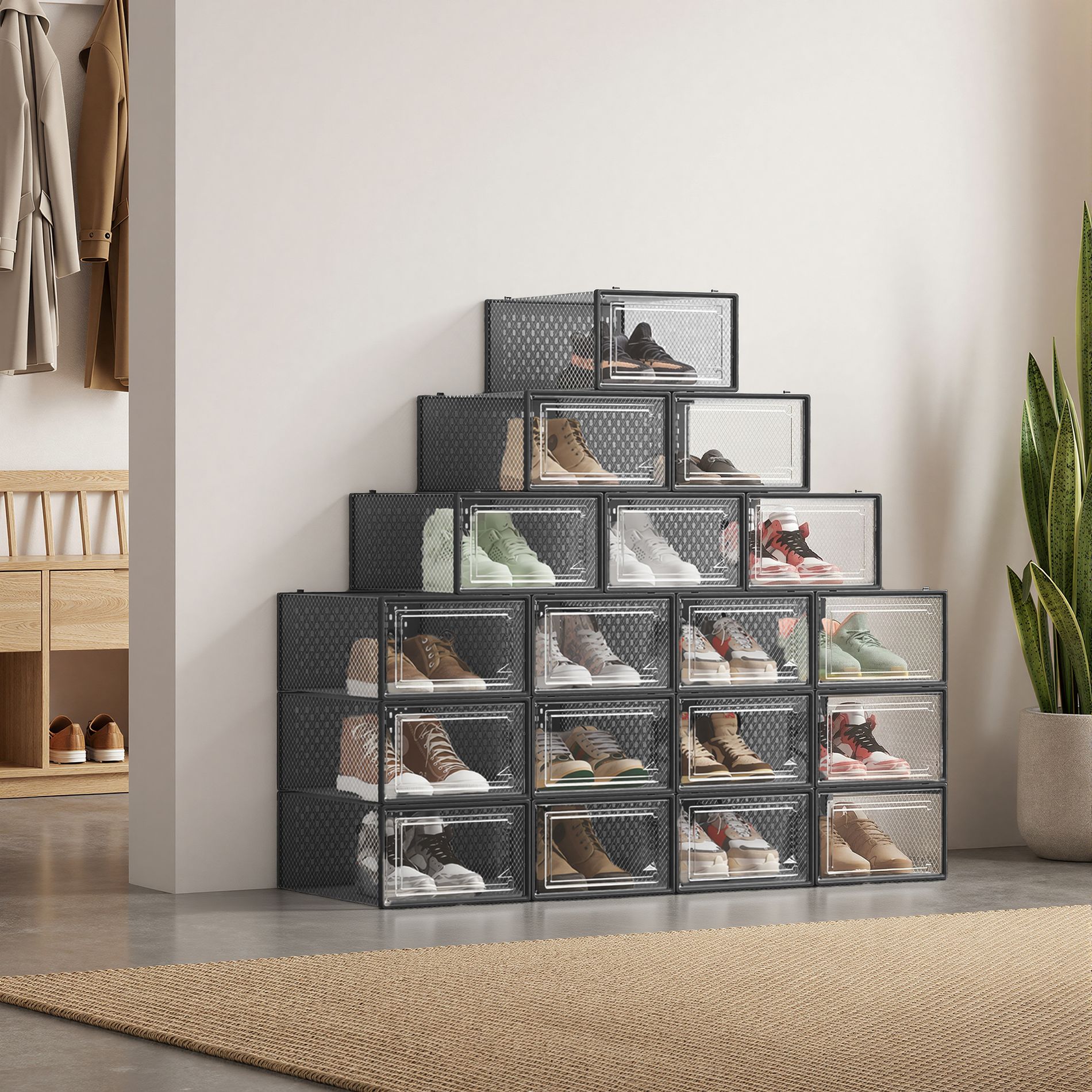 LEDREM Set of 18 Foldable Shoe Organizers, Clear Storage Boxes for Closet, Fits Size 10