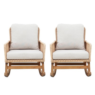 Beige Cushioned Wood and Rattan Outdoor Rocking Chair Set