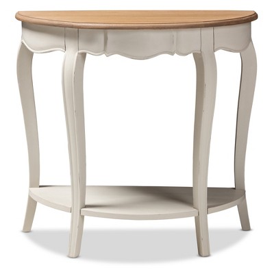 Cordelia 32" White and Natural Wood Demilune Console Table with Storage