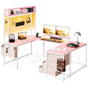 U Shaped Computer Desk with Monitor Stand and LED Lights, Computer Gaming Desk with Storage Shelves - 1 of 4