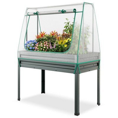 Tangkula Raised Garden Bed w/ Cover & Legs Roll-up Window Climbing Trellis Drainage Holes