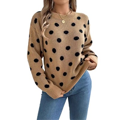 Women's Contrast Polka Dot Long Sleeve Pullover Sweater, Casual Knit Jumper for Fall & Winter Khaki S