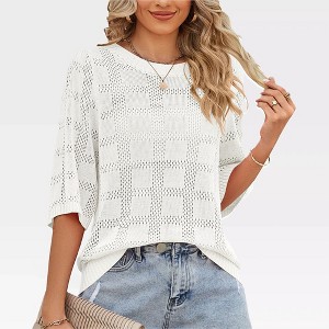 Womens 3/4 Sleeve Summer Crochet Tops Loose Fit Hollow Out Round Neck Sweater Ribbed Cuff Short Sleeve Lightweight Sweater for Summer - 1 of 4
