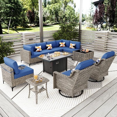 XIZZI 11-Piece Furniture Set with Rectangular Fire Pit Table, Sectional Sofa and Swivel Rocking Chairs, Furniture Set with Solar Coffee Table