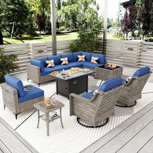 XIZZI 11-Piece Furniture Set with Rectangular Fire Pit Table, Sectional Sofa and Swivel Rocking Chairs, Furniture Set with Solar Coffee Table - 1 of 1
