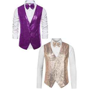 Lars Amadeus Men's Sparkle Sequin Sleeveless Waistcoat Set with Bow Tie 2 Packs - 1 of 4