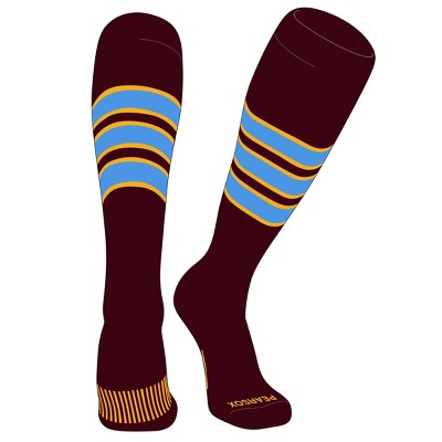 PEAR SOX Striped OTC Baseball, Softball, Football Socks (C) Maroon, Gold, Sky Blue