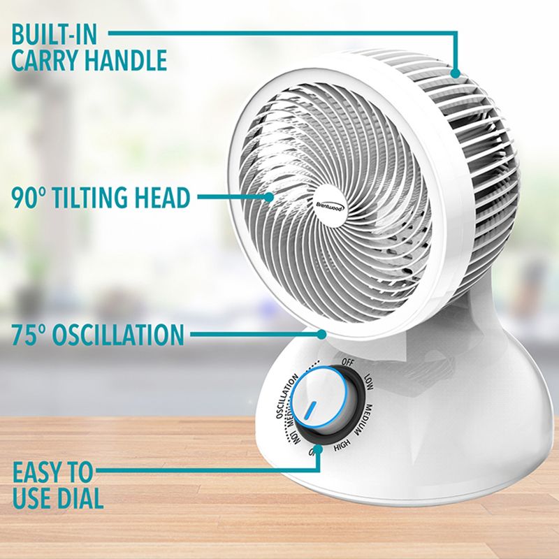 Brentwood 6 Inch Three Speed Oscllating Circulator Desktop Fan with Timer and Remote Control in White, 5 of 6