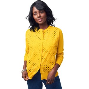 Jessica London Women's Plus Size Fine Gauge Eyelet Cardigan - 1 of 4