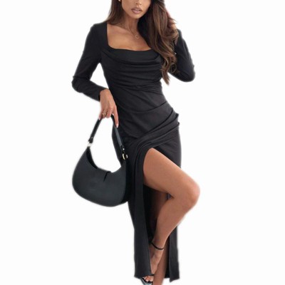 Women's Pleated Elegant Maxi Dress Square Neck Long Sleeve Bodycon Dress Wedding Guest Split