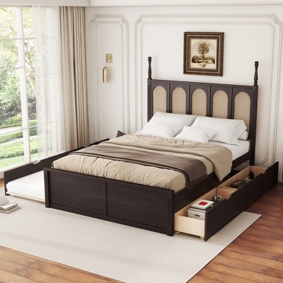 Queen Size Wood Platform Bed Frame with Rattan Headboard, Drawers, and Trundle Bed 4W -ModernLuxe