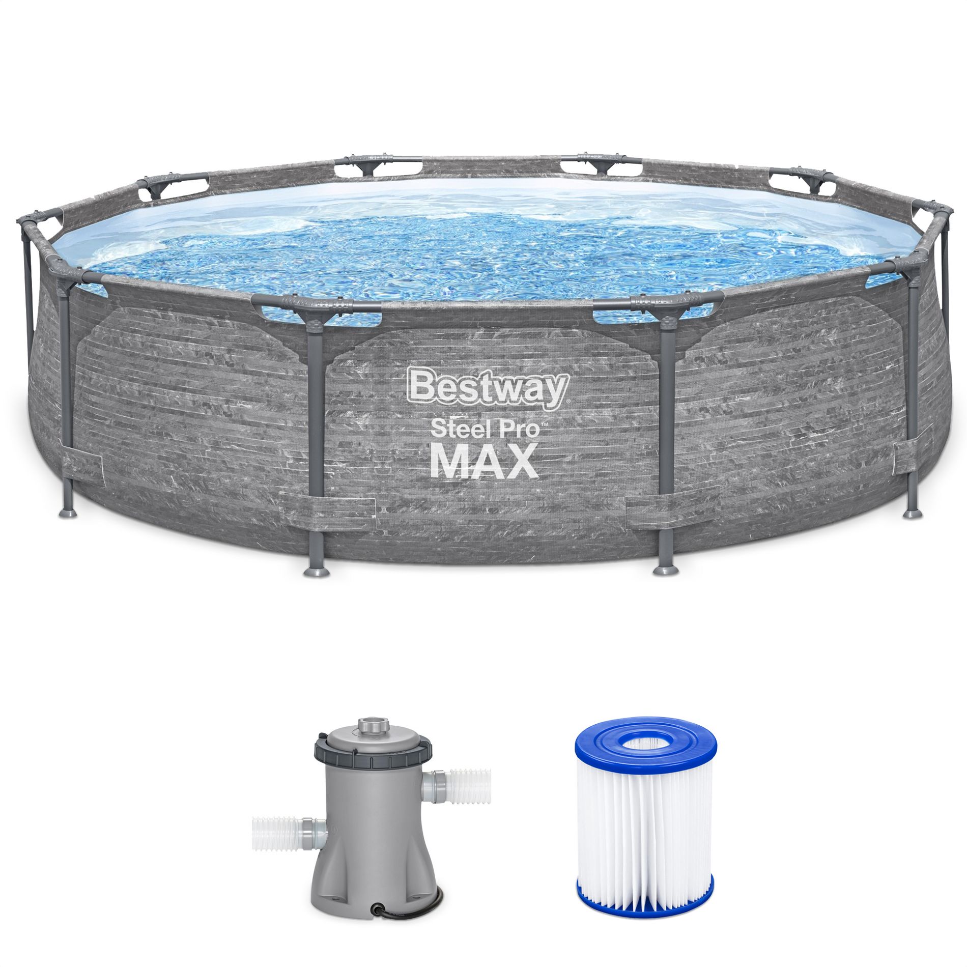 Bestway Steel Pro MAX 10' x 30" Round Above Ground Swimming Pool Set Outdoor Metal Frame Family Pool with Liner and Filter Pump, Gray