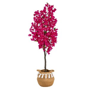 Nearly Natural 5-ft Artificial Bougainvillea Tree with Handmade Jute & Cotton Basket with Tassels, Pink - 1 of 4