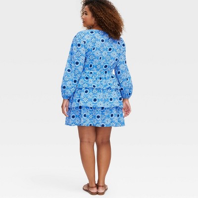 Women's Long Sleeve Star Medallion Print Tiered Mini A-Line Dress Blue -