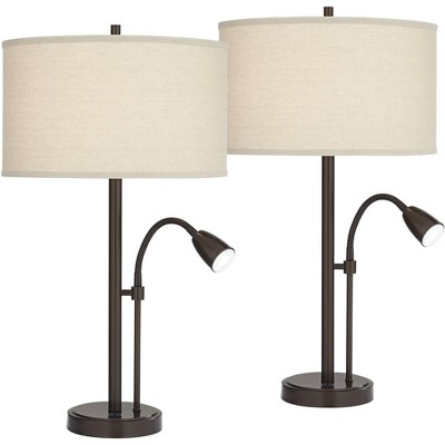 Possini Euro Design Traverse Modern Table Lamps 29" Tall Set of 2 with USB Charging Port Gooseneck LED Bronze Oatmeal Shade for Bedroom Living Room