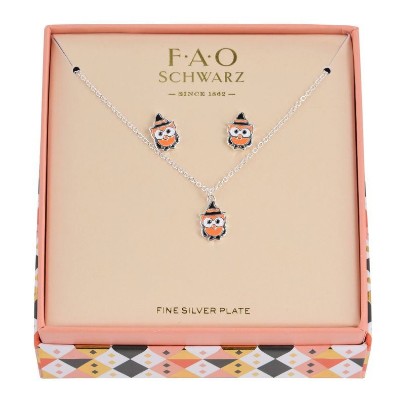 FAO Schwarz Halloween Enamel Orange Owl w/Witches Hat Necklace and Earring Set, 2 of 4