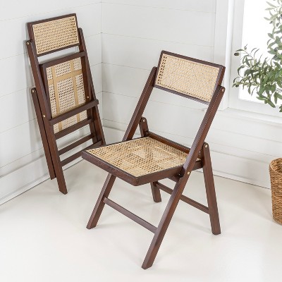 Theo Dark Brown Wood and Rattan Folding Chairs, Set of 2