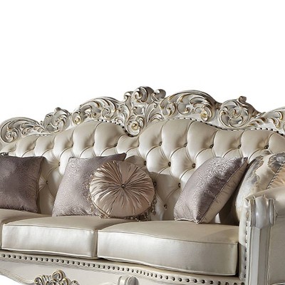 113" Pearl White Tufted Faux Leather Sofa with Nailhead Trim
