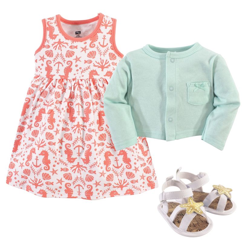 Hudson Baby Infant Girl Cotton Dress, Cardigan and Shoe 3pc Set, Sea, 3 of 4