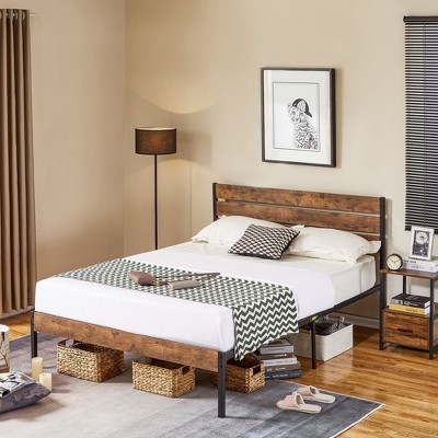 VECELO Platform Bed Frame With Rustic Vintage Wood Headboard and Footboard, Sturdy Metal Slats, No Box Spring Required