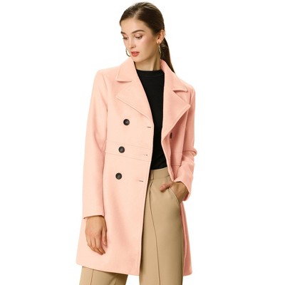 Allegra K Women's Notched Lapel Double Breasted Long Trench Coat Pink ...