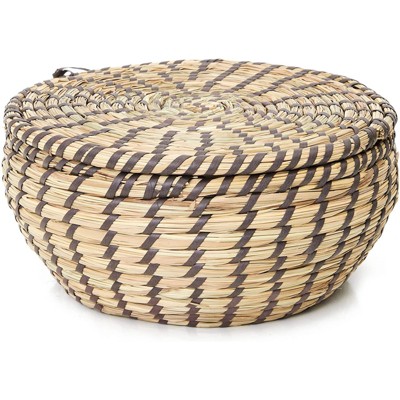 Natural and Brown Seagrass Round Storage Baskets with Lids, Set of 3